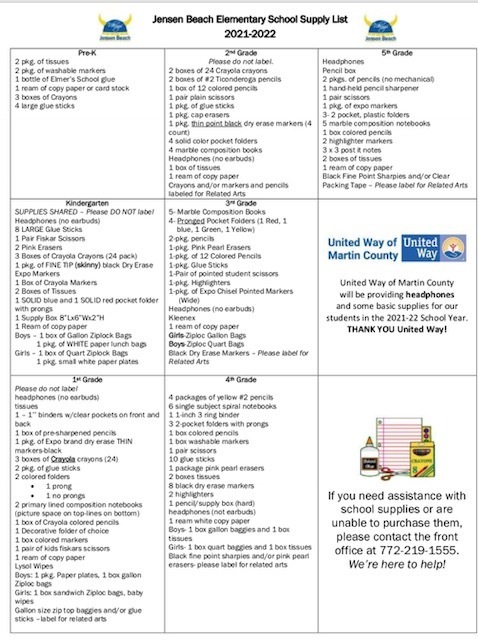 2021-2022 School Supply List | Jensen Beach Elementary