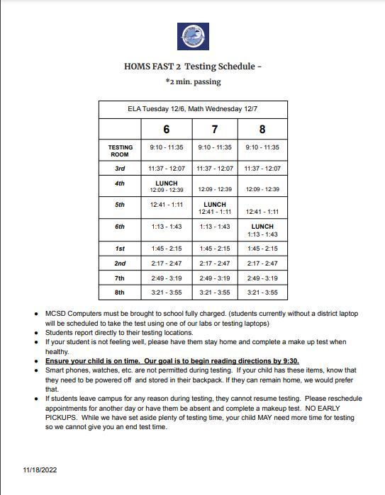 HOMS FAST 2 Bell schedule for December 6 and 7th. 